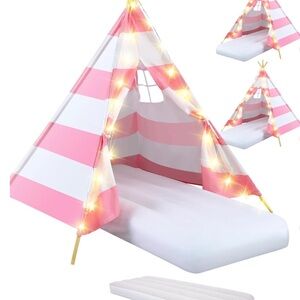 Pink and White Striped Teepee Tent with Lights